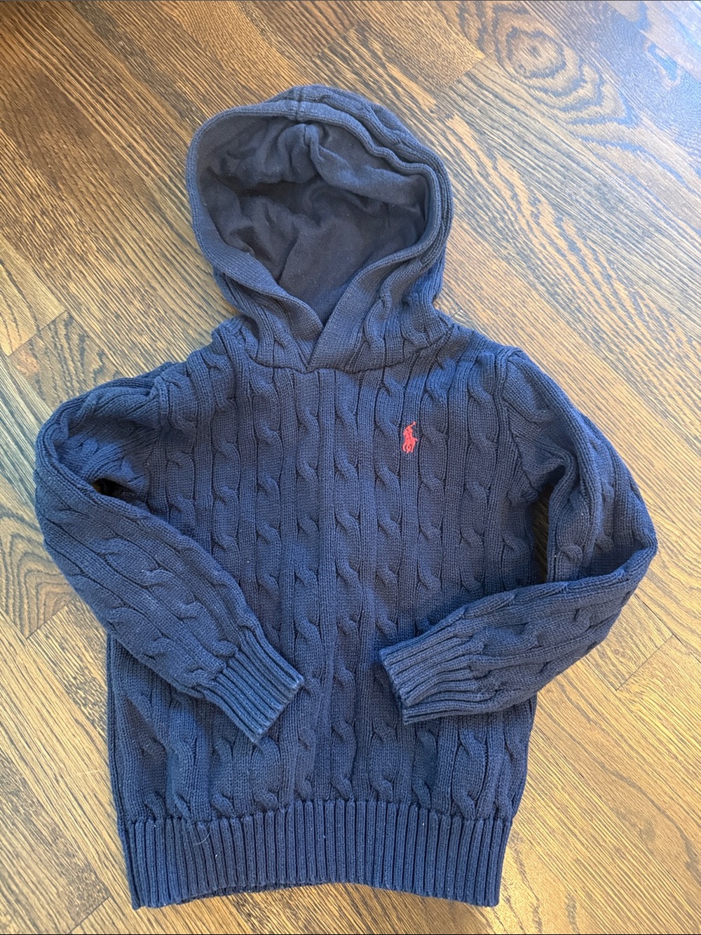 Boys Polo Ralph Lauren Navy Cable-Knit Hooded Cotton Sweater with Red Pony